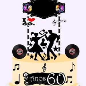 Topper de bolo retrô para decoração de festas tema Anos 60 em formato digital Studio.