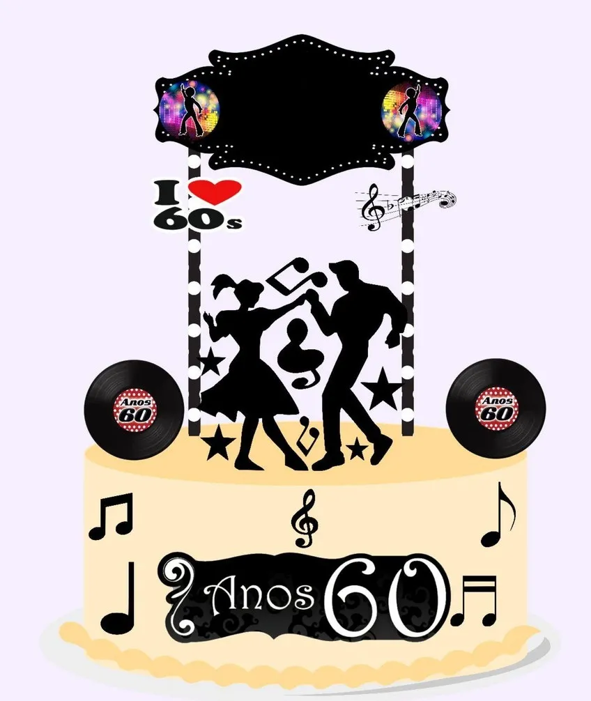 Topper de bolo retrô para decoração de festas tema Anos 60 em formato digital Studio.