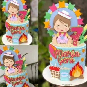 Topper de bolo com um bebê caipira em camadas 3D, vestindo roupa xadrez e chapéu de palha, cercado por fogueira, bandeirinhas coloridas, milho e balão de festa junina em arquivo digital de corte.