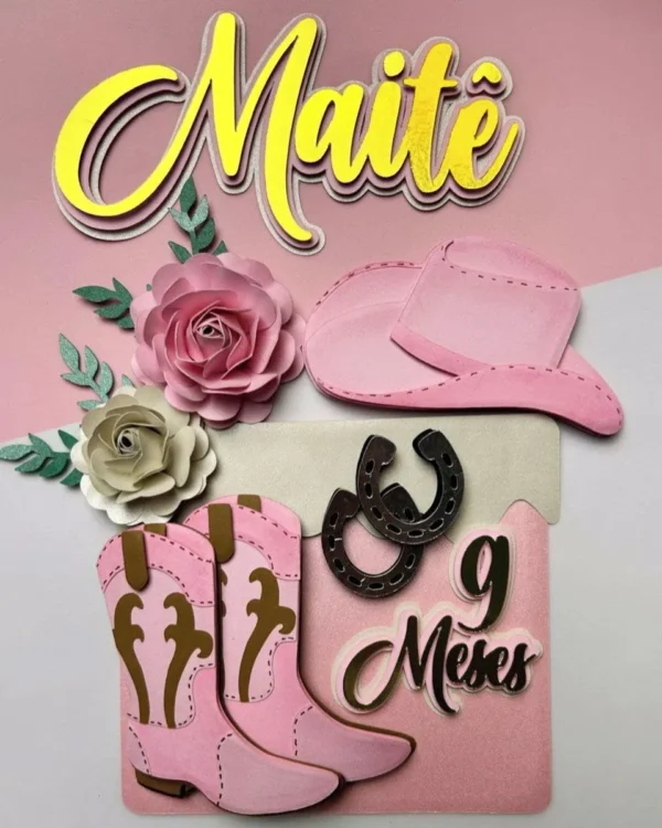 Arquivo digital de topo de bolo no tema Cowgirl e Fazendinha em camadas para Silhouette Studio.