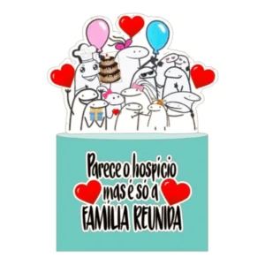 Topper de bolo divertido exibindo a família de bonecos Flork reunida e sorridente com balões coloridos, corações e espaço para personalização de nomes, dispostos em camadas tridimensionais em arquivo digital de corte.