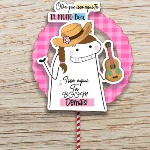 Topper de bolo divertido de São João apresentando o boneco Flork dançando quadrilha junina ao lado da frase olha a chuva é mentira em letras grandes e coloridas, rodeado por balões e pipocas em camadas tridimensionais em arquivo digital de corte.