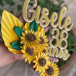Topper de bolo floral para decoração de festas com o tema Girassol em formato digital Studio.