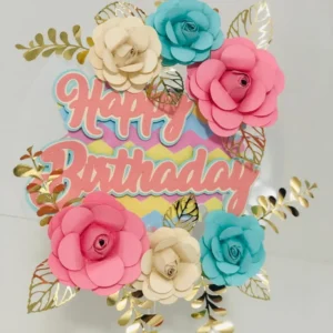 Topper de bolo elegante com a frase Happy Birthday escrita em letras cursivas e conectadas, cercada por estrelas brilhantes e pequenos balões flutuantes, dispostos em camadas tridimensionais em arquivo digital de corte.