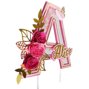 Gabarito digital de topo de bolo em formato de monograma da letra A decorada com arranjos de flores delicadas e ramos de folhas, apresentando linhas de contorno precisas e marcações de sobreposição para camadas em 3D prontas para corte no Silhouette Studio.