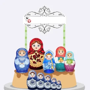 Topper de bolo com três tradicionais bonecas matrioskas russas alinhadas por tamanho, com quimonos florais detalhados em tons de vermelho, azul e dourado, dispostas em camadas tridimensionais em arquivo digital de corte.