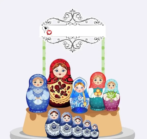 Topper de bolo com três tradicionais bonecas matrioskas russas alinhadas por tamanho, com quimonos florais detalhados em tons de vermelho, azul e dourado, dispostas em camadas tridimensionais em arquivo digital de corte.