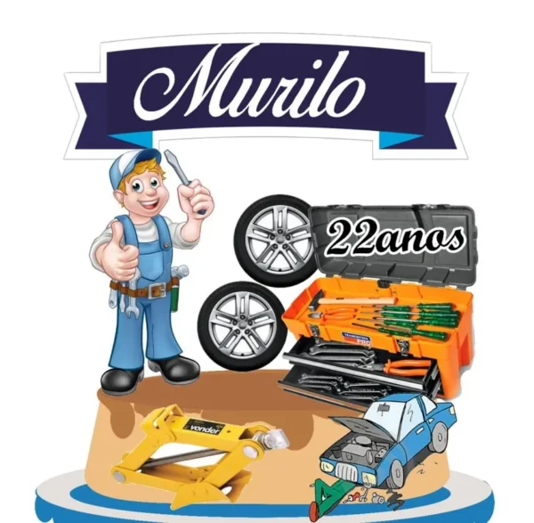 Topper de bolo masculino com silhueta de chaves de fenda e chaves de boca cruzadas ao fundo, destacando na frente uma engrenagem detalhada em camadas cinza metálico e um carro estilizado em relevo tridimensional em arquivo digital de corte.
