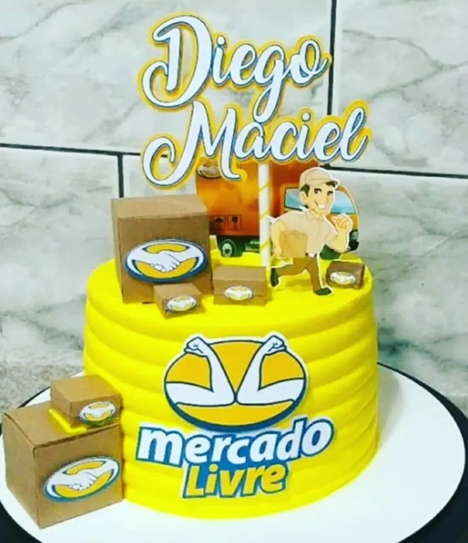 Topper de bolo com a logo clássica das mãos se cumprimentando dentro do círculo amarelo, caixas de papelão emblemáticas com fitas adesivas e vans de entrega em camadas tridimensionais para decoração de festa em arquivo digital de corte.