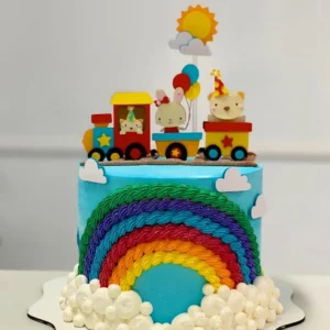 Topper de bolo com locomotiva e vagões tridimensionais de trenzinho para decoração de festa infantil em arquivo digital de corte.