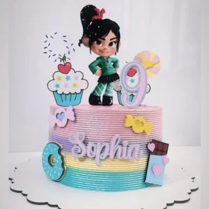 Topper de bolo da personagem Vanellope von Schweetz com doces e elementos do Detona Ralph para decoração de festa infantil em arquivo digital de corte.