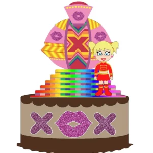 Topper de bolo nostálgico com a famosa nave espacial da Xuxa na cor rosa com detalhes brancos ao centro, cercada por um grande X colorido e estrelas brilhantes dispostos em camadas tridimensionais em arquivo digital de corte.