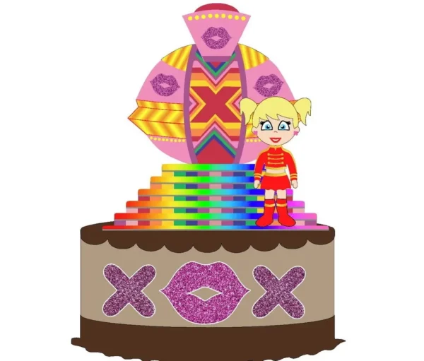 Topper de bolo nostálgico com a famosa nave espacial da Xuxa na cor rosa com detalhes brancos ao centro, cercada por um grande X colorido e estrelas brilhantes dispostos em camadas tridimensionais em arquivo digital de corte.