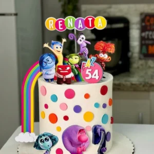 Topper de bolo com os personagens das emoções reunidos ao redor do painel de controle central da mente, exibindo esferas de memórias brilhantes e coloridas flutuando em camadas tridimensionais em arquivo digital de corte.