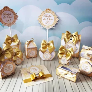 Topper de bolo luxuoso para decoração de festas com o tema Bodas de Ouro em formato Studio e PDF.