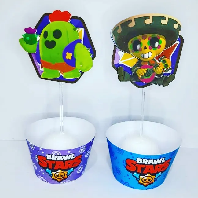 Kit digital de decoração para festas com topper de bolo e temas de ação do jogo Brawl Stars.