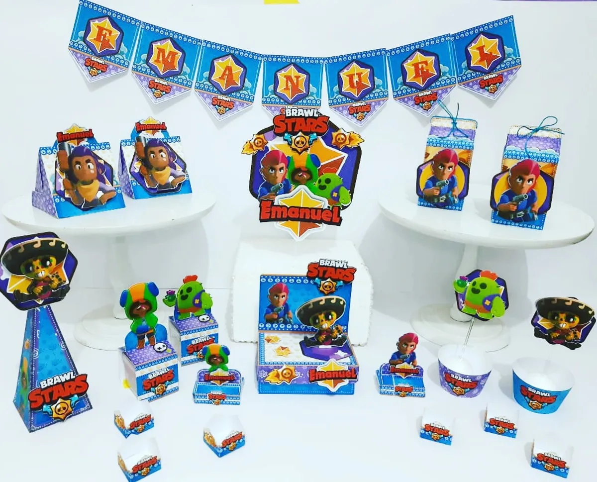 Arquivo digital de corte com os personagens Leon, Shelly e Spike para decoração de festa infantil temátia do jogo Brawl Stars.