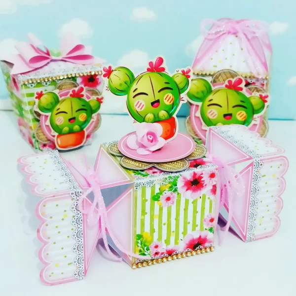 Caixinhas personalizadas de cactos prontas para impressão e recorte em Studio e PDF.