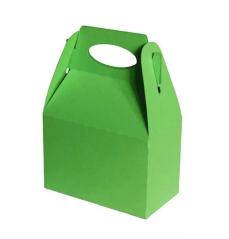 Molde limpo de caixa gable aberta e planificada para impressão e corte, apresentando linhas contínuas pretas para o contorno do corte externo e linhas pontilhadas cinzas indicando os vincos de dobra, com alça integrada ao topo, em arquivo digital de corte.