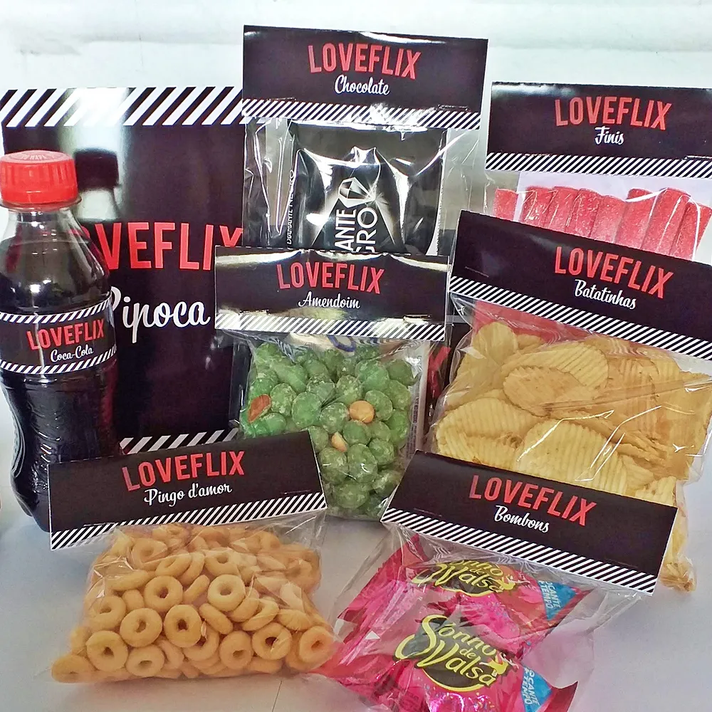 Kit digital de cesta de mimos Loveflix com caixa de pipoca e rótulos pronta para imprimir e cortar na tesoura.