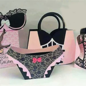 Topper de bolo feminino e divertido com a silhueta de um espartilho rendado com laço, um par de salto alto elegante e cabides com peças íntimas delicadas, dispostos em camadas tridimensionais em arquivo digital de corte.