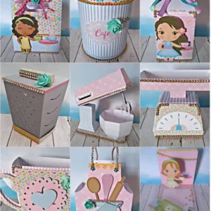 Molde digital de caixinha de papel em formato de bule de chá delicado, decorado com estampas florais e poás, exibindo linhas de corte precisas e marcações para vincos.