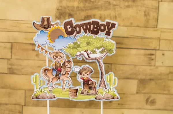 Moldes digitais em alta resolução do tema Cowboy para papelaria personalizada e decoração de mesa.