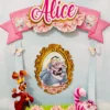 Arquivo digital para imprimir em casa e recortar manualmente itens de festa e toppers do tema Alice no País das Maravilhas.