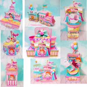Topper de bolo com cartola, palhacinha e tenda de circo em tons pastel para decoração de festas.
