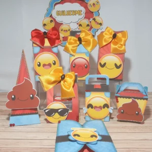 Decoração de festa infantil tema Emojis com topper de bolo personalizado em arquivo de corte.