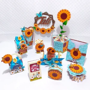 Decoração de festa tema Girassol com topper de bolo personalizado em arquivo de corte.