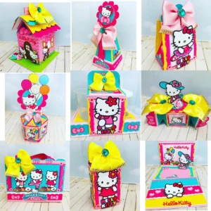Topper de bolo em camadas com o rosto da Hello Kitty e flores coloridas para decoração de festa de aniversário feminina.