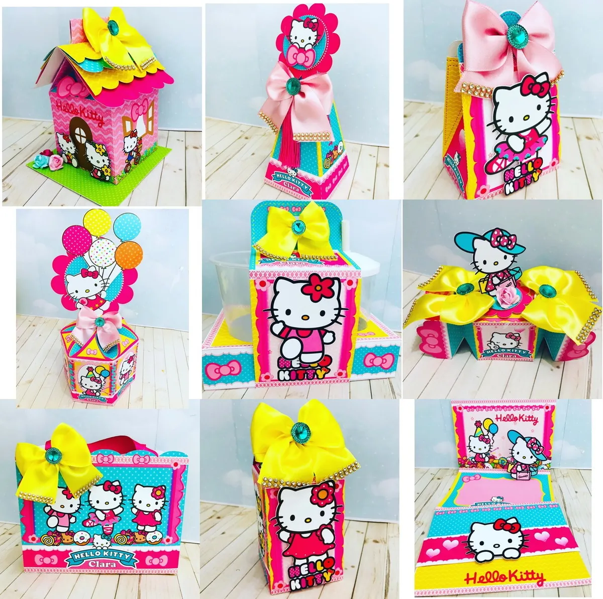 Topper de bolo em camadas com o rosto da Hello Kitty e flores coloridas para decoração de festa de aniversário feminina.