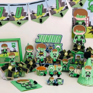 Decoração de festa infantil tema Lanterna Verde com topper de bolo personalizado em arquivo de corte.