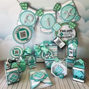 Topper de bolo com o símbolo oficial do Pix em verde neon destacado, notas de cem reais espalhadas ao redor em efeito flutuante e moedas douradas brilhantes em camadas tridimensionais em arquivo digital de corte.