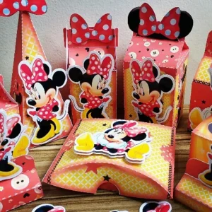 Gabarito digital de caixas personalizadas e elementos decorativos no tema Minnie Vermelha com suas clássicas estampas de poá e laço gigante, exibindo as linhas estruturadas de contorno e camadas para recorte na Silhouette.