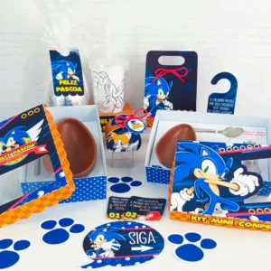 Molde digital de caixa formato cone imitando uma cenoura de Páscoa estilizada com pixels azulados, trazendo o personagem Sonic segurando um ovinho de chocolate na frente.