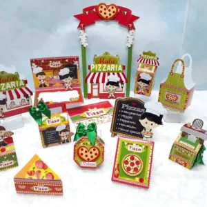 Arquivo de corte digital de caixas de pizza em miniatura e fatias de pizza tridimensionais feitas de papel, com estampa de forno de pedra e ingredientes ilustrados.