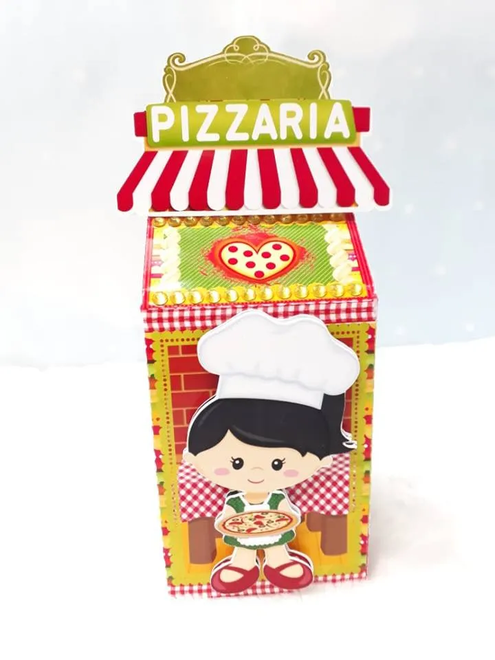 Arquivo de corte digital de brinquedo e lembrancinha em formato de carrinho de pizza gourmet de papel, com rodas decorativas, toldo listrado e mini balcão para colocar docinhos.