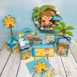 Kit digital de personalizados temáticos no tema praia e surf em Studio e PDF.