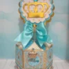 Maquete digital de caixas personalizadas e elementos decorativos de festa infantil tema reinado azul e dourado com linhas de vinco para corte.