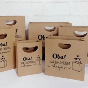 Molde limpo de sacola de papel com recorte vazado em formato oval na parte superior servindo como alça embutida, exibindo abas laterais estruturadas para montagem em arquivo digital de corte.