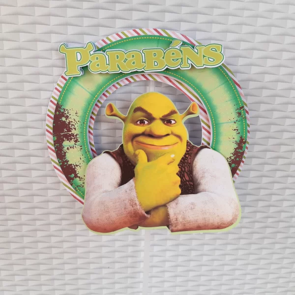 Decoração de festa infantil tema Shrek com topper de bolo personalizado em arquivo de corte.