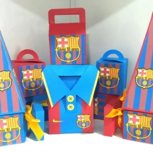 Molde digital de topo de bolo do time Barcelona em formato Studio para Silhouette, mostrando o brasão do clube com linhas de contorno em azul e grená prontas para recorte em camadas sobrepostas.