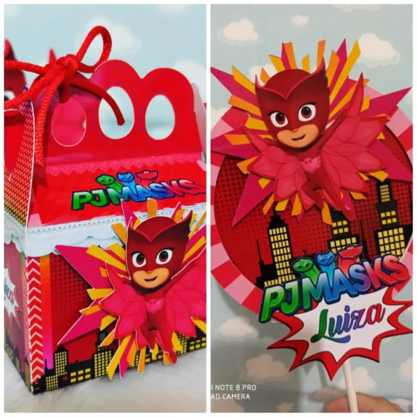 Arquivo de corte de caixinha meia bala de papel vermelha, com ilustrações de painéis tecnológicos e um aplique da Corujita voando com suas asas Delta estendidas.