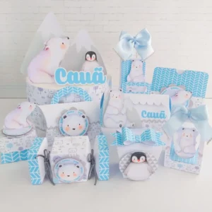 Gabarito digital de caixinha personalizada e mimos no tema Urso Polar, apresentando linhas estruturadas para montagem, vincos precisos e contornos totalmente limpos em arquivo digital de corte.