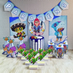 Kit de personalizados e topper de bolo com os personagens Leon, Shelly e Spike para decoração de festa infantil do jogo Brawl Stars em arquivo digital.