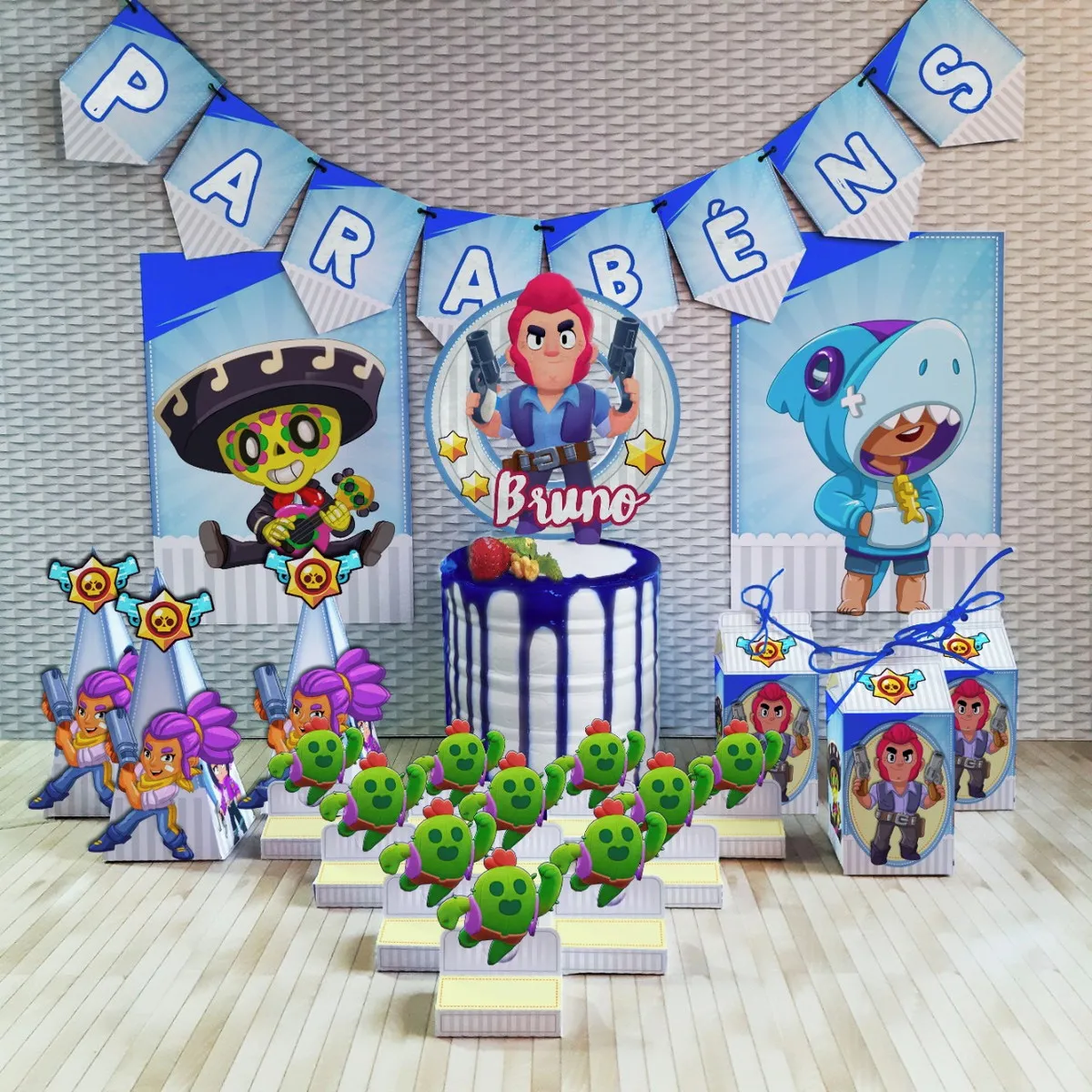 Kit de personalizados e topper de bolo com os personagens Leon, Shelly e Spike para decoração de festa infantil do jogo Brawl Stars em arquivo digital.