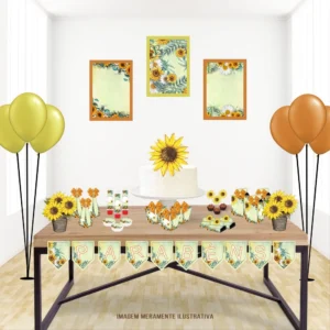 Kit de personalizados e topper para decoração de festa tema Girassol em arquivo digital de corte.