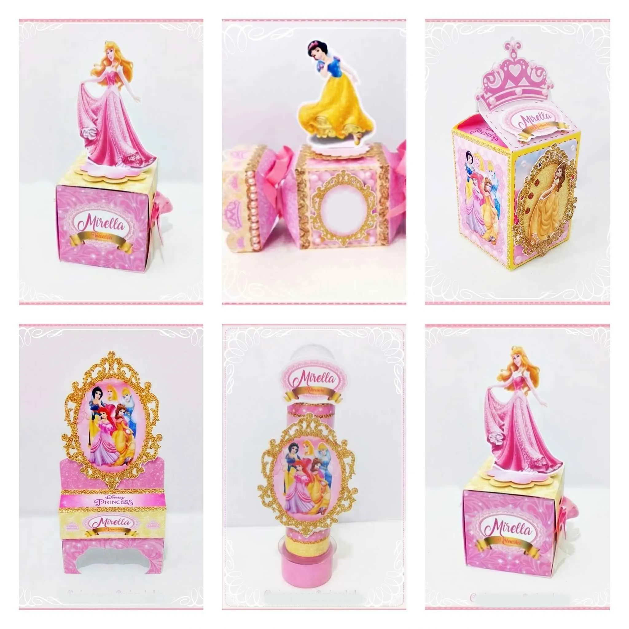 Kit de personalizados e topper de bolo com as Princesas da Disney em camadas para decoração de festa infantil em arquivo digital de corte.